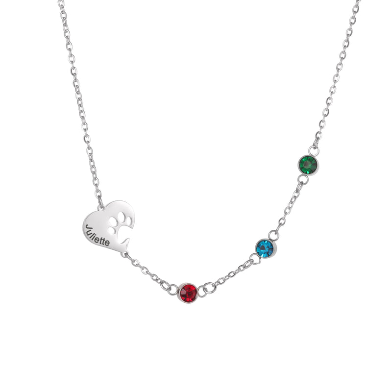 Heart Necklace with Engraved Print and Birthstones