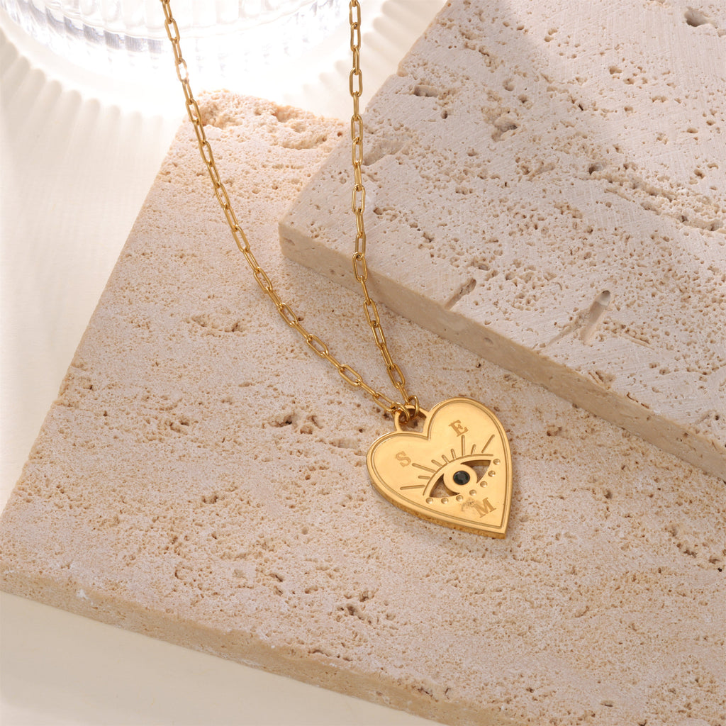 Personalized Heart Necklace with Evil Eye and Stone