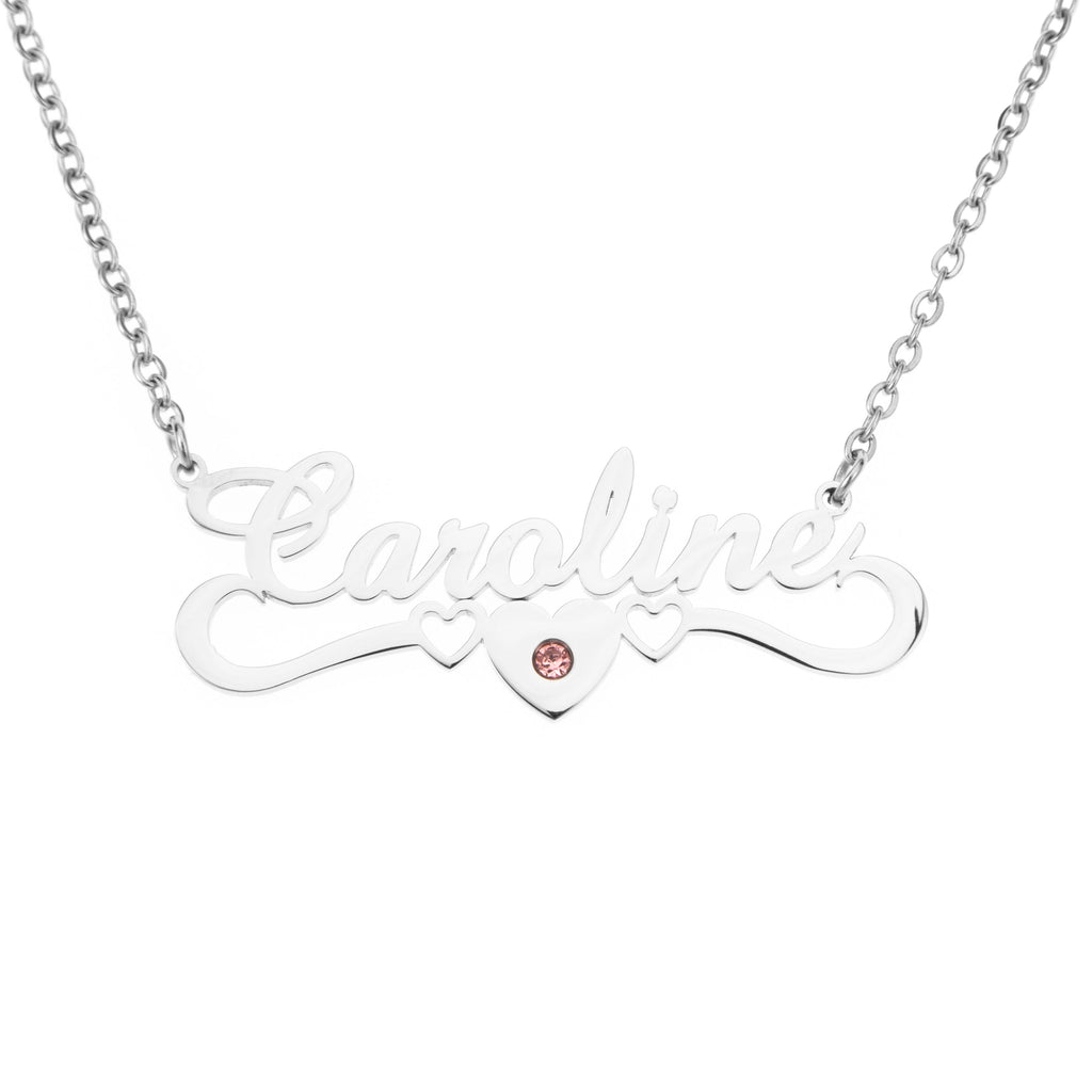 Name and Heart Crown Necklace with Birthstone