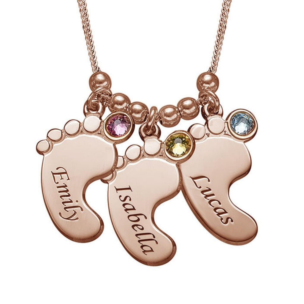 Baby Feet Necklace with Custom Names & Birthstone